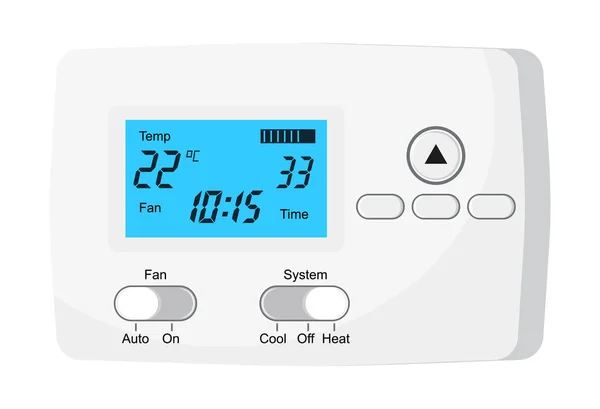 stock vector Thermostat vector. Controller with screen for floor, house heating, fan. Electronic thermostat controls and regulates temperaturein appartment remotely. Climate control button icon illustration.