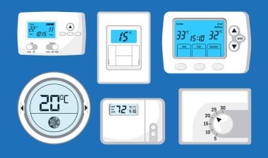 Termostat vektörü ayarlandı. Yerler için ekranı, ısıtması, vantilatörü olan bir kontrolör. İklim Denetim düğmesi resimleme. Elektronik termostat dairedeki sıcaklığı uzaktan kontrol eder ve düzenler..