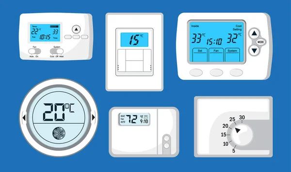 stock vector Thermostat vector set. Controller with screen for floor, house heating, fan. Climate control button icon illustration. Electronic thermostat controls and regulates temperaturein appartment remotely.