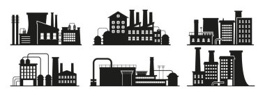 Üretim, fabrika ve bitki vektörü ayarlandı. İş binaları. Petrol rafinerisi. Fabrika silueti simgeleri. Sanayi deposu, mimari.