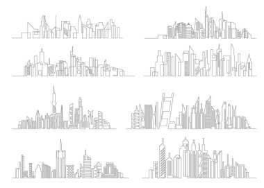 Sürekli ev çizimi, konut konsepti. Modern, modaya uygun şehir manzarası sürekli tek bir doğrusal illüstrasyon. Metropolis mimarisinin panoramik manzarası, gökdelenler.