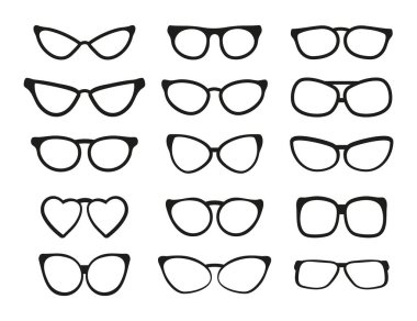 Gözlük siluet vektörü. Güneş gözlüğü çerçevesi. Görüş düzeltici gözlük çerçevesi, miyopluk ve hipermetropluk için optik lens çerçevesi. Erkekler ve kadınlar için bilgisayar ve moda gözlükleri.