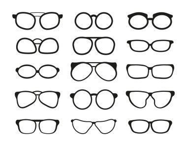 Gözlük siluet vektörü. Güneş gözlüğü çerçevesi. Görüş düzeltici gözlük çerçevesi, miyopluk ve hipermetropluk için optik lens çerçevesi. Erkekler ve kadınlar için bilgisayar ve moda gözlükleri.