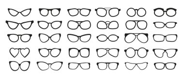 Gözlük siluet vektörü. Güneş gözlüğü çerçevesi. Görüş düzeltici gözlük çerçevesi, miyopluk ve hipermetropluk için optik lens çerçevesi. Erkekler ve kadınlar için bilgisayar ve moda gözlükleri.