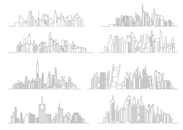 Continuous line drawing of house, residential building concept. Modern, trendy cityscape continuous one linear illustration. Panoramic landscape of metropolis architecture, skyscrapers.