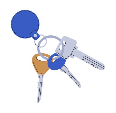 Anahtarlık vektörü. Yay, kedi, kalp, zincir şeklinde kolyeler. Değersiz eşyalar, anahtar sahipleri ve anahtarlık ögesi.