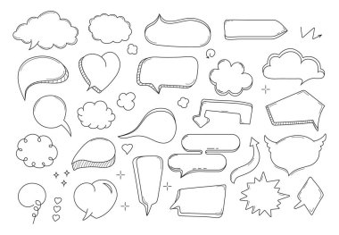 Çizgi roman baloncukları el çizimi stilinde vektör belirler. Uygulama, web için masaj ve konuşma tabelaları. Çizgi roman patlamaları. Karalama tarzı metni olan hoş bir konuşma balonu. Boş konuşma, iletişim balonları.