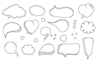 Çizgi roman baloncukları el çizimi stilinde vektör belirler. Uygulama, web için masaj ve konuşma tabelaları. Çizgi roman patlamaları. Karalama tarzı metni olan hoş bir konuşma balonu. Boş konuşma, iletişim balonları.