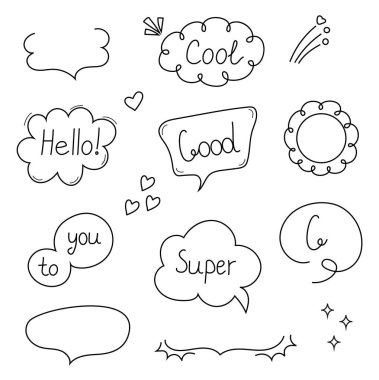 Çizgi roman baloncukları el çizimi stilinde vektör belirler. Uygulama, web için masaj ve konuşma tabelaları. Çizgi roman patlamaları. Karalama tarzı metni olan hoş bir konuşma balonu. Boş konuşma, iletişim balonları.