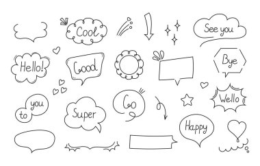 Çizgi roman baloncukları el çizimi stilinde vektör belirler. Uygulama, web için masaj ve konuşma tabelaları. Çizgi roman patlamaları. Karalama tarzı metni olan hoş bir konuşma balonu. Boş konuşma, iletişim balonları.