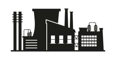 Fabrika, imalat ve bitki vektörü. Petrol rafinerisi. Fabrika silueti simgeleri. Endüstriyel depo Mimarlık, iş binaları