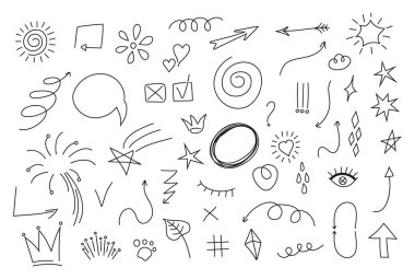 Sosyal medya için Doodle bilgi elemanları vektörü. Spesiyal kabarcıklar, oklar, taçlar, sosyal ağ için yıldızlar. El çizimi kalp, kontrol, çapraz simgeler ve şimşekler.
