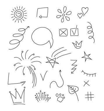 Sosyal medya için Doodle bilgi elemanları vektörü. Spesiyal kabarcıklar, oklar, taçlar, sosyal ağ için yıldızlar. El çizimi kalp, kontrol, çapraz simgeler ve şimşekler.