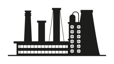 Fabrika, imalat ve bitki vektörü. Depo, endüstriyel tesisler, atölye ikonları. Petrol rafinerisi. Fabrika silueti simgeleri. Sanayi deposu.