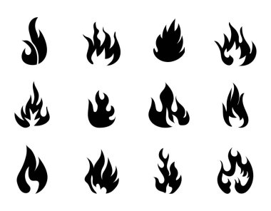 Ateş simgeleri vektör ayarlayın. Siluet alev işareti. Kamp ateşi düz bir şekilde yanıyor. Patlama, yangın, tehlike ağ için izole semboller, uygulama.
