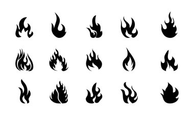 Ateş simgeleri vektör ayarlayın. Siluet alev işareti. Kamp ateşi düz bir şekilde yanıyor. Patlama, yangın, tehlike ağ için izole semboller, uygulama.