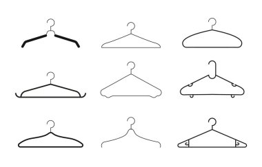 Elbise askıları, çeşitli elbise askılarının silüetleri. Gardırop için Trempels. Elbise, takım elbise, ceket sahiplerinin simgeleri.