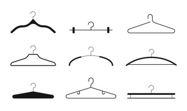 Elbise askıları, çeşitli elbise askılarının silüetleri. Gardırop için Trempels. Elbise, takım elbise, ceket sahiplerinin simgeleri.