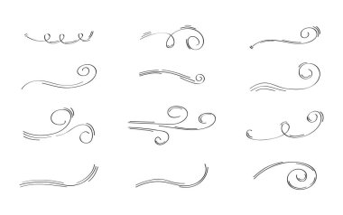 Doodle rüzgar ikonu hazır. Girdap elementleri elle çizilmiş. Rüzgâr esiyor, rüzgâr esiyor, hava durumu esiyor, hava kitleleri çizim tarzında akıyor.