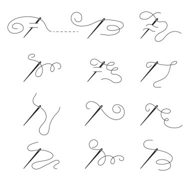 İplikle iğne yap. İp simgesiyle iğne dikiyorum. Siluet sembolü vektör illüstrasyonunu elde çizdim. Nakış, dükkan için el işi aletleri. Pamuk ipliği büyük, keskin bir çelikle örülmüş.