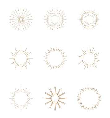 Güneş patlaması ikon vektörü. Yıldız patlaması, havai fişek monokromları. En iyi kalite güneş patlaması koleksiyonu. Yıldız, havai fişek patlaması, amblem, etiket patlaması düz ve spiral ışın merkezinden yayılıyor.