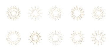 Güneş patlaması ikon vektörü. Yıldız patlaması, havai fişek monokromları. En iyi kalite güneş patlaması koleksiyonu. Yıldız, havai fişek patlaması, amblem, etiket patlaması düz ve spiral ışın merkezinden yayılıyor.