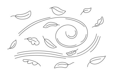 Sonbahar yaprak çizgisi çizim vektörü. Rüzgar esiyor. Yaprak düşer. Güçlü bir rüzgar esiyor. Hava durumu el çizimi tarzı.