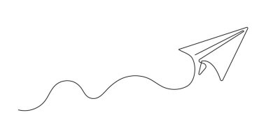 Uçak ikonu sürekli stil, uçuş rotası vektörü ile. Elle çizilmiş kağıt uçak. Kağıt uçak taslağı. Karalama mesajı, mesaj, e-posta sembolleri. Harf dilivery illüstrasyonu.