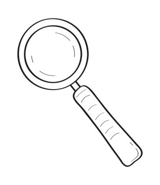 Karalama stilinde ikon vektörü büyütülüyor. Cam, ekipmanları analitik olarak, arama işareti olarak dahil ediyor. Lupe, odaklanma sembolü. İnternette aranıyor