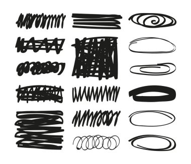 Doddle stilinde ayarlanmış çizgilerin arasından vur. Altı çizili harf çizgileri, fırça hattı vektör koleksiyonu. Fırça darbeleri koleksiyonu. Tipografi mürekkep fırçası çizgileri. Çarpılar ve kavisli vuruşlar.