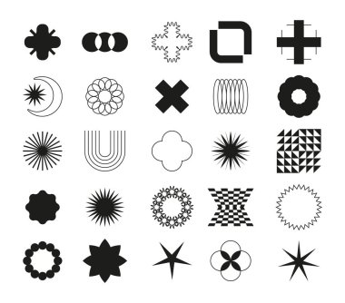 Acımasız punk şekilleri, modern geometrik elementler. Minimalizm tarzında grafiksel şekiller. Y2K karakterleri. Eğriler, şekillendirilmiş daireler, ovaller.