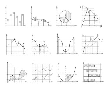 Çizim stili grafik vektörü. Yaklaşık, istatistikler, finansal tablolar. Türevlerin fonksiyonlarının matematiksel grafikleri, yaklaşımlar