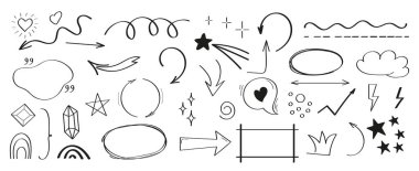 Sosyal medya için Doodle bilgi elemanları vektörü. Konuşma baloncukları, oklar, taçlar, sosyal ağ için yıldızlar elde çizilmiş karalama tarzı