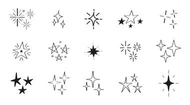 Yıldızlar karalama, güneş patlaması gölge ikonları vektörü. Yıldız patlaması, havai fişek monokromları. En iyi kalite güneş kremi koleksiyonu. Yıldız derecelendirme, havai fişek patlaması, logo, amblem.