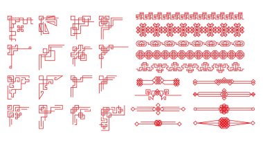 Çin süsü set vektörü, kırmızı geometrik, Çin Yeni Yılı için doğrusal süs.