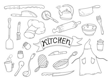 Çeşitli mutfak gereçleri vektör ayarladı. Bu ayrıntılı ve çok yönlü tasarım, bıçaklar, kepçe, tutkal, önlük gibi, mutfak projeleri, yemek tarifi kitapları, yemek blogları, mutfak dekorasyonu ve