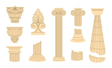 Yunan antika sütunları. Antik Hellas 'ın mimari unsurları. Antik Yunan veya Roma 'dan müzeler sergileniyor. Doodle biçim vektör çizimi.