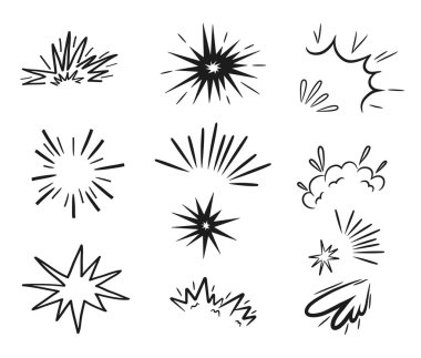 Patlayıcı patlama vektör illüstrasyonları, dinamik hız çizgileri ve aksiyon patlamaları da dahil olmak üzere komedi tarzı hareket efektleri. Çizgi film tasarımlarını geliştirmek için el çizimi karalama biçimi ögeleri ideal