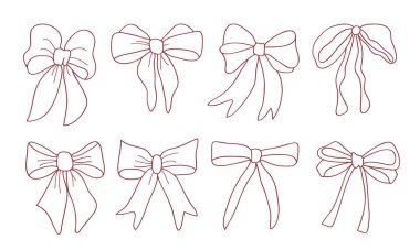 El yapımı karalama tarzı fiyonk koleksiyonu, şen şakrak ve dekoratif bir tasarımla bağlı kurdeleler. Minimalist bir vektör çizimi hediye paketleme, tatil kutlamaları ve...