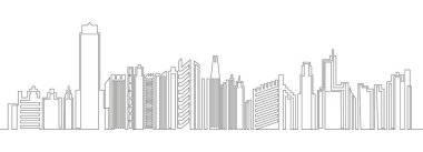 Şehir mimarisi ve gökdelenlerin yer aldığı panoramik manzaralı ev ve konut konut konsepti çizimleri devam ediyor. Emlak için ideal bir minimalist vektör çizimi