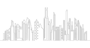 Şehir mimarisi ve gökdelenlerin yer aldığı panoramik manzaralı ev ve konut konut konsepti çizimleri devam ediyor. Emlak için ideal bir minimalist vektör çizimi