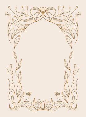 Dalgalı ve naif, retro tarzı botanik elementlere sahip çiçek çerçevesi. Posterler, sosyal medya, ambalaj ve tebrik kartları için ideal boho esinlenilmiş yapraklar ve çiçek açan dallar.