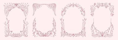 Dalgalı ve naif, retro tarzı botanik elementlere sahip çiçek çerçevesi. Posterler, sosyal medya, ambalaj ve tebrik kartları için ideal boho esinlenilmiş yapraklar ve çiçek açan dallar.