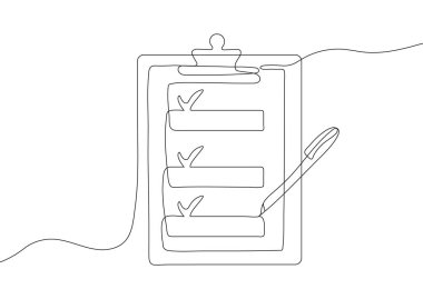 Üzerinde kontrol işareti olan minimalist bir pano çizimi. Görevin tamamlanması, onaylanması, onaylanması ya da başarılı bir doğrulamayı temsil eden basit sürekli satır sanatı.