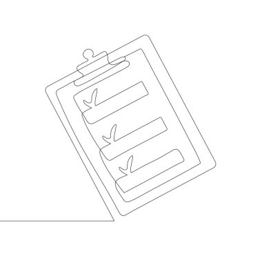 Üzerinde kontrol işareti olan minimalist bir pano çizimi. Görevin tamamlanması, onaylanması, onaylanması ya da başarılı bir doğrulamayı temsil eden basit sürekli satır sanatı.