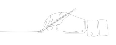 Boya fırçasını tutan tek bir çizginin sürekli çizimi, çizgi resim çizimi