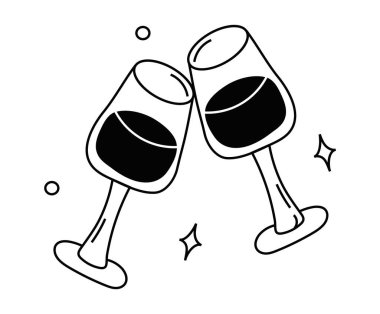 Şampanyalı içeceklerle dolu iki şampanya kadehi kutlama, eğlence ve özel durum vektörünü sembolize ediyor. Doğum günü partileri, düğünler, yıldönümleri ve festival etkinlikleri için mükemmel. El çizimi karalama