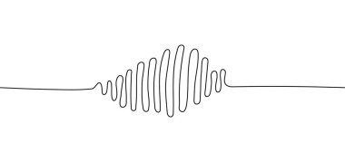 Beyaz arkaplan vektörü üzerinde müzikal harmonikler olan bir mikrofonun minimalist ve kesintisiz çizimi. Podcast, radyo, ses kaydı ve yayın sembolü. Basit vektör illüstrasyonu