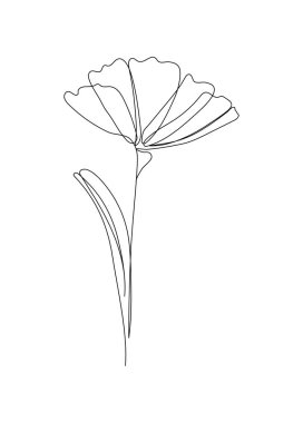 Tek satırlık sanat tarzı vektörde minimalist soyut çiçek. Beyaz arka planda siyah çizim. Çiçekli bir elementin zarif ve modern vektör çizimi, botanik tasarımlar ve dekorasyon için mükemmel.