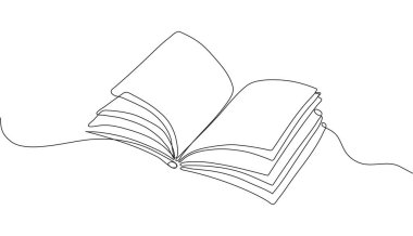 Açık bir kitabın minimalist sürekli çizimi, çevrimiçi kütüphaneleri, dijital dosya sistemlerini ve e-öğrenmeyi sembolize ediyor. Eğitim, bilgi paylaşımı, okuma ve edebiyat için mükemmel